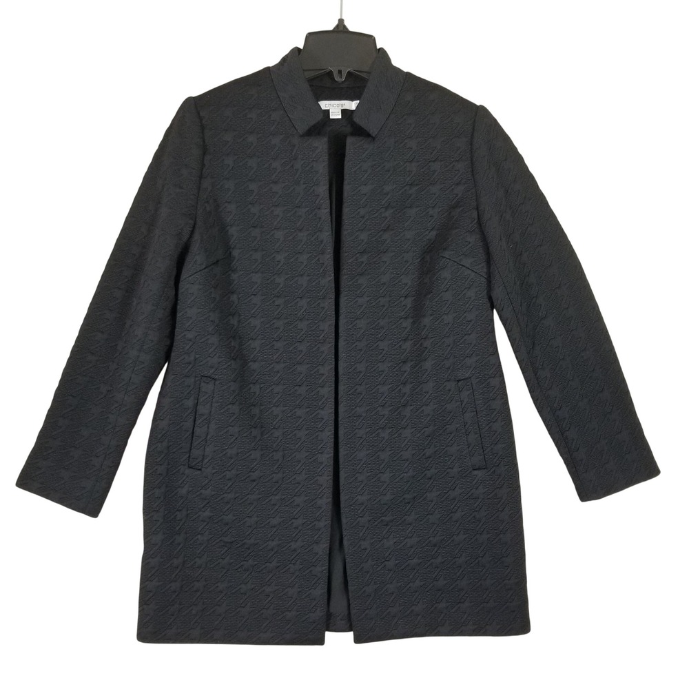 Chico's Topper Jacket Women S Petite Black Houndstooth Jacquard Open Front